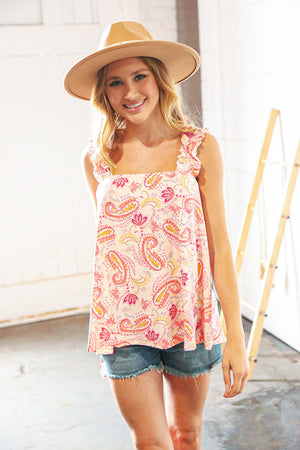 Coral Pink Paisley Smocked Frill Shoulder Tank Top