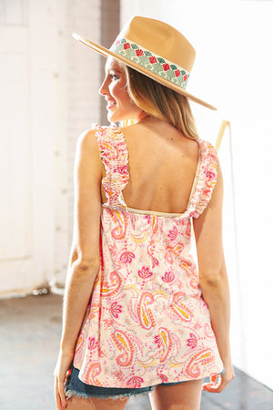 Coral Pink Paisley Smocked Frill Shoulder Tank Top