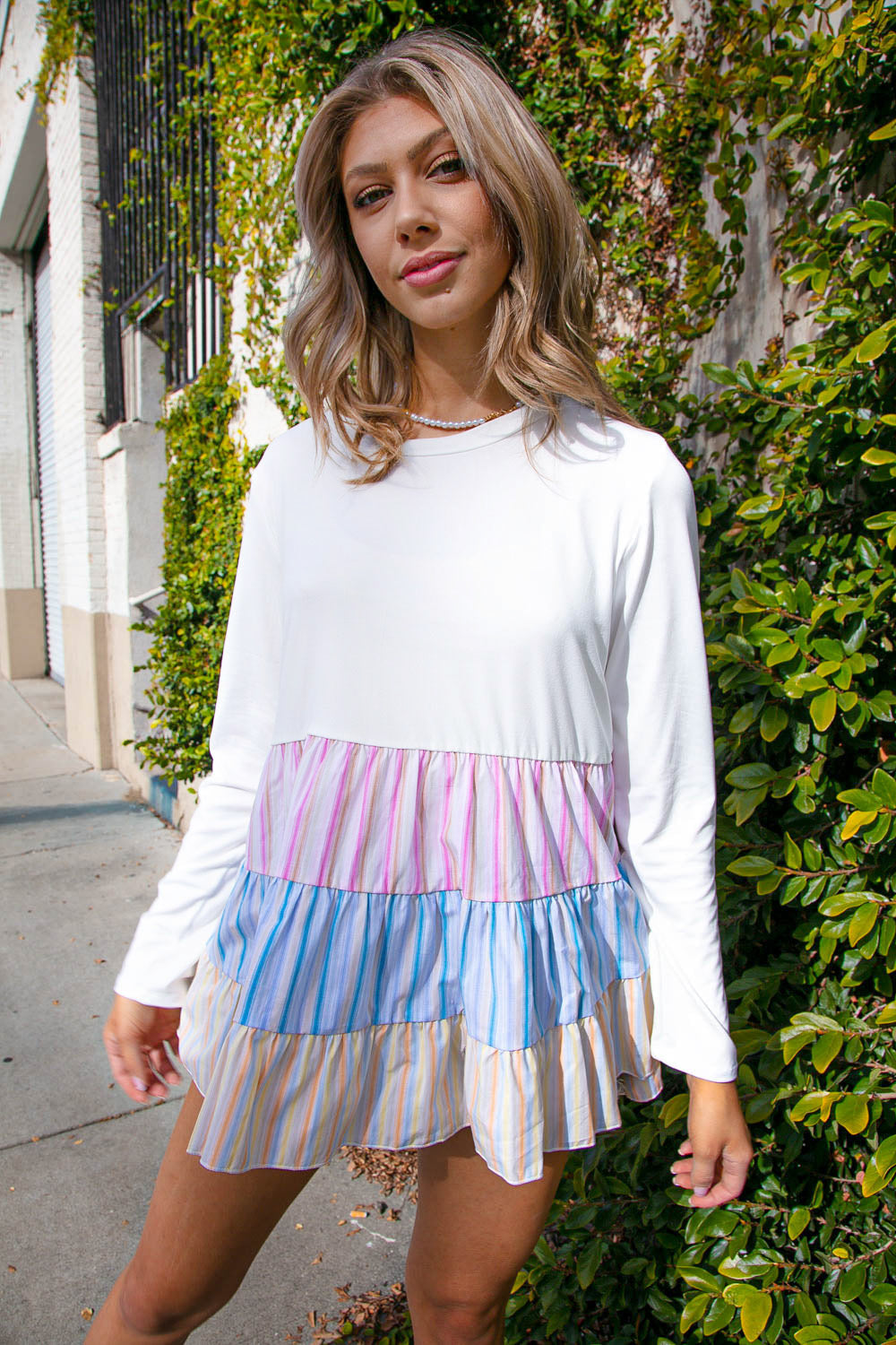 Ivory Multi-Tiered Vertical Stripe Color Block Top