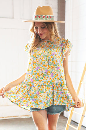 Marigold Floral Print Ruffle Tiered Keyhole Top