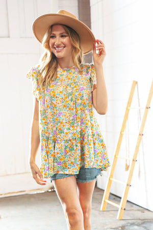 Marigold Floral Print Ruffle Tiered Keyhole Top