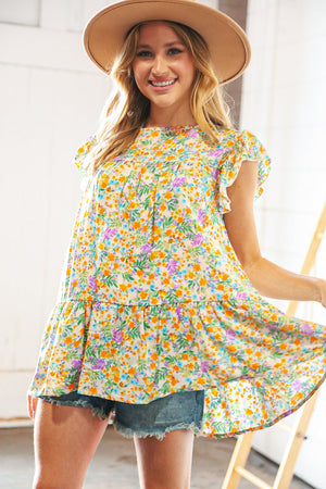 Marigold Floral Print Ruffle Tiered Keyhole Top