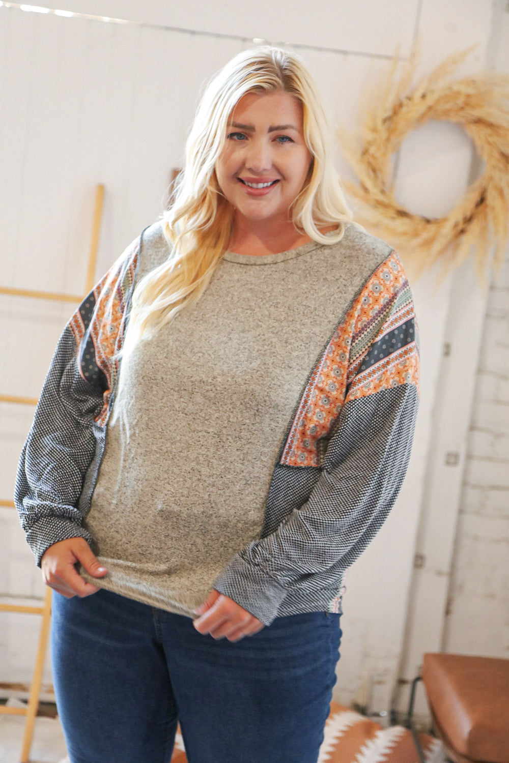 Two Tone Hacci Boho Outseam Jacquard Pullover