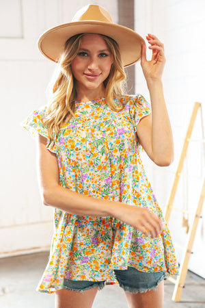 Marigold Floral Print Ruffle Tiered Keyhole Top