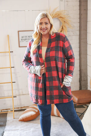 Plaid & Stripe Hacci Thumbhole Cuff Cardigan