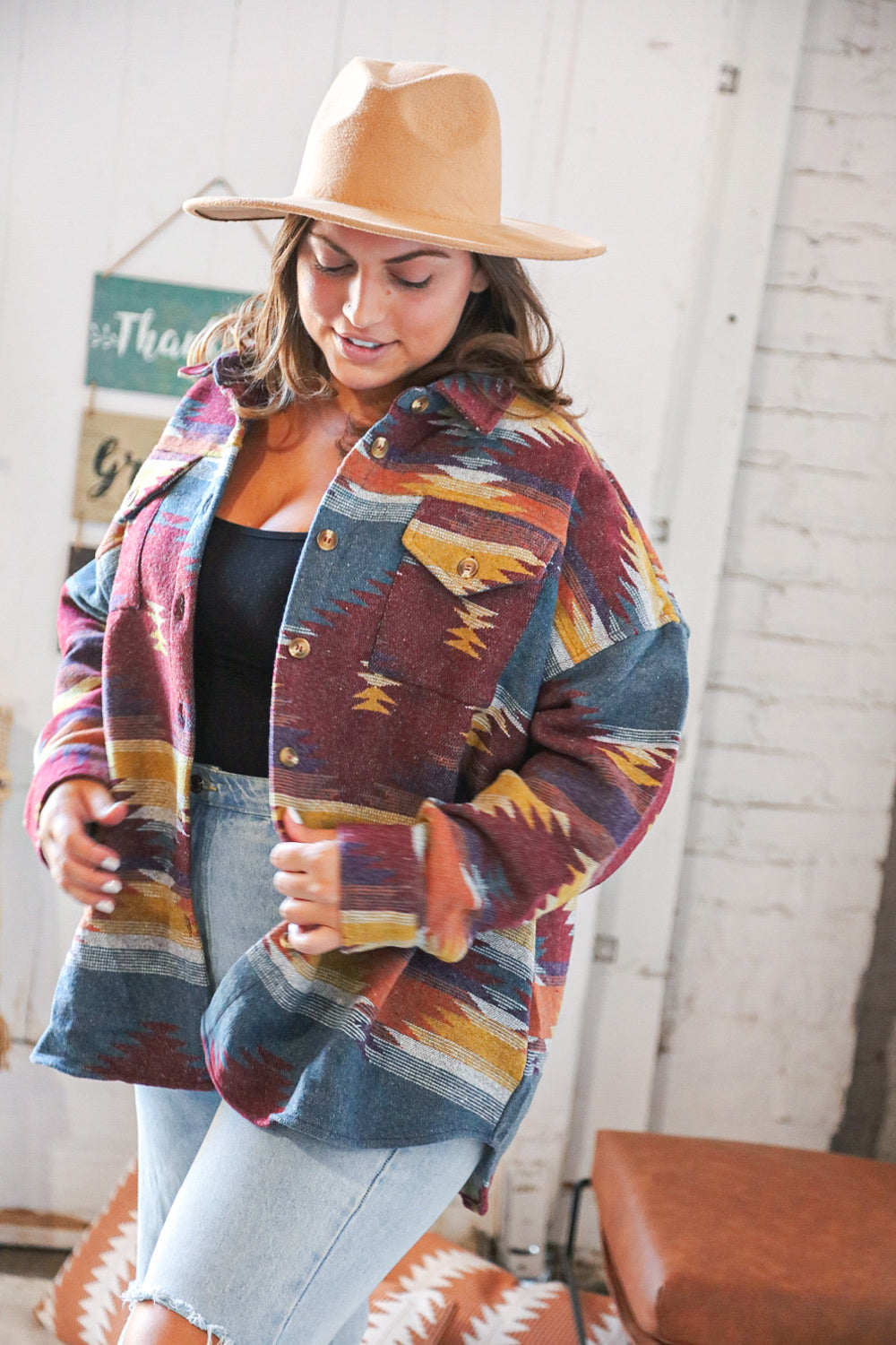 Mahogany Aztec Flannel Jacquard Oversize Shacket