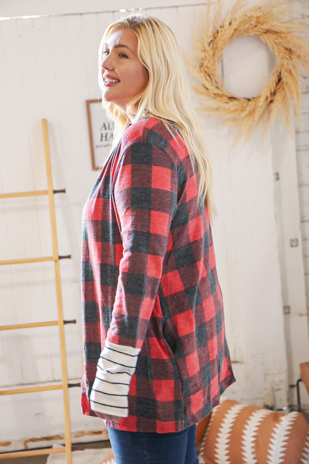 Plaid & Stripe Hacci Thumbhole Cuff Cardigan