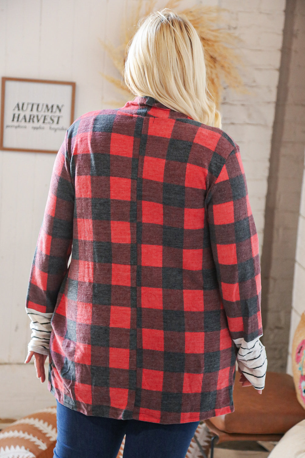 Plaid & Stripe Hacci Thumbhole Cuff Cardigan