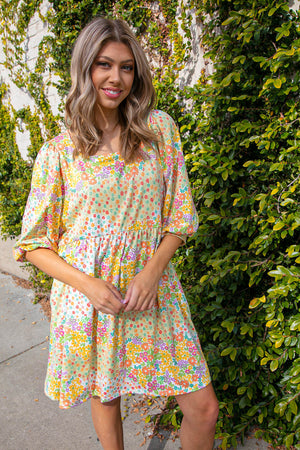 Sage & Peach Floral Patchwork Bubble Sleeve Midi Dress