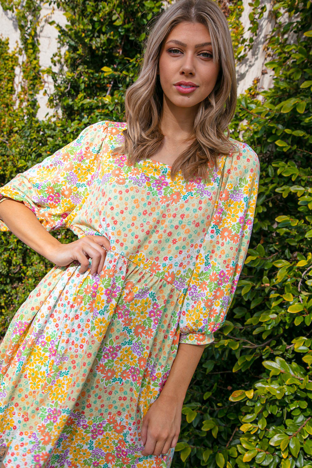 Sage & Peach Floral Patchwork Bubble Sleeve Midi Dress