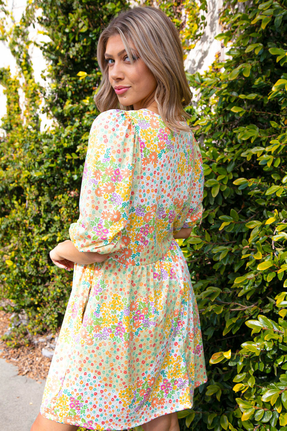 Sage & Peach Floral Patchwork Bubble Sleeve Midi Dress