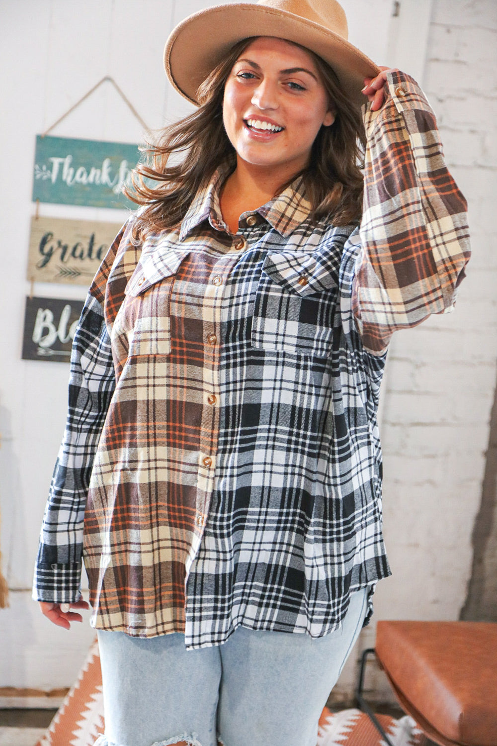 Brown & Black Plaid Color Block Button Down Loose Fit Shirt