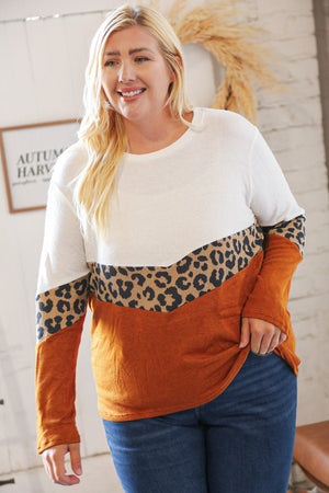 Rust Leopard Waffle Chevron Brushed Hacci Knit Top