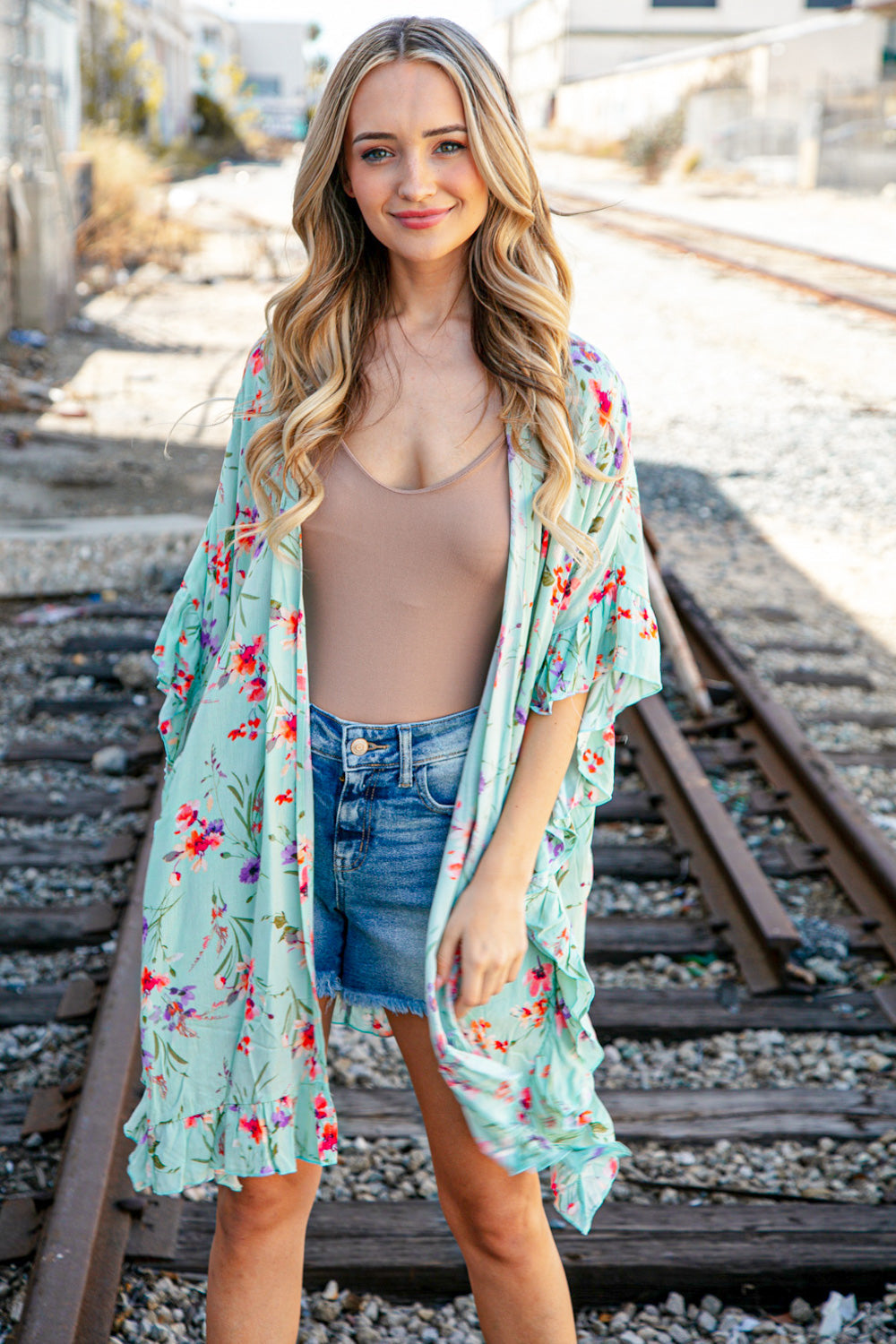 Mint Floral Rayon Crinkle Woven Cover Up Kimono