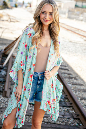 Mint Floral Rayon Crinkle Woven Cover Up Kimono