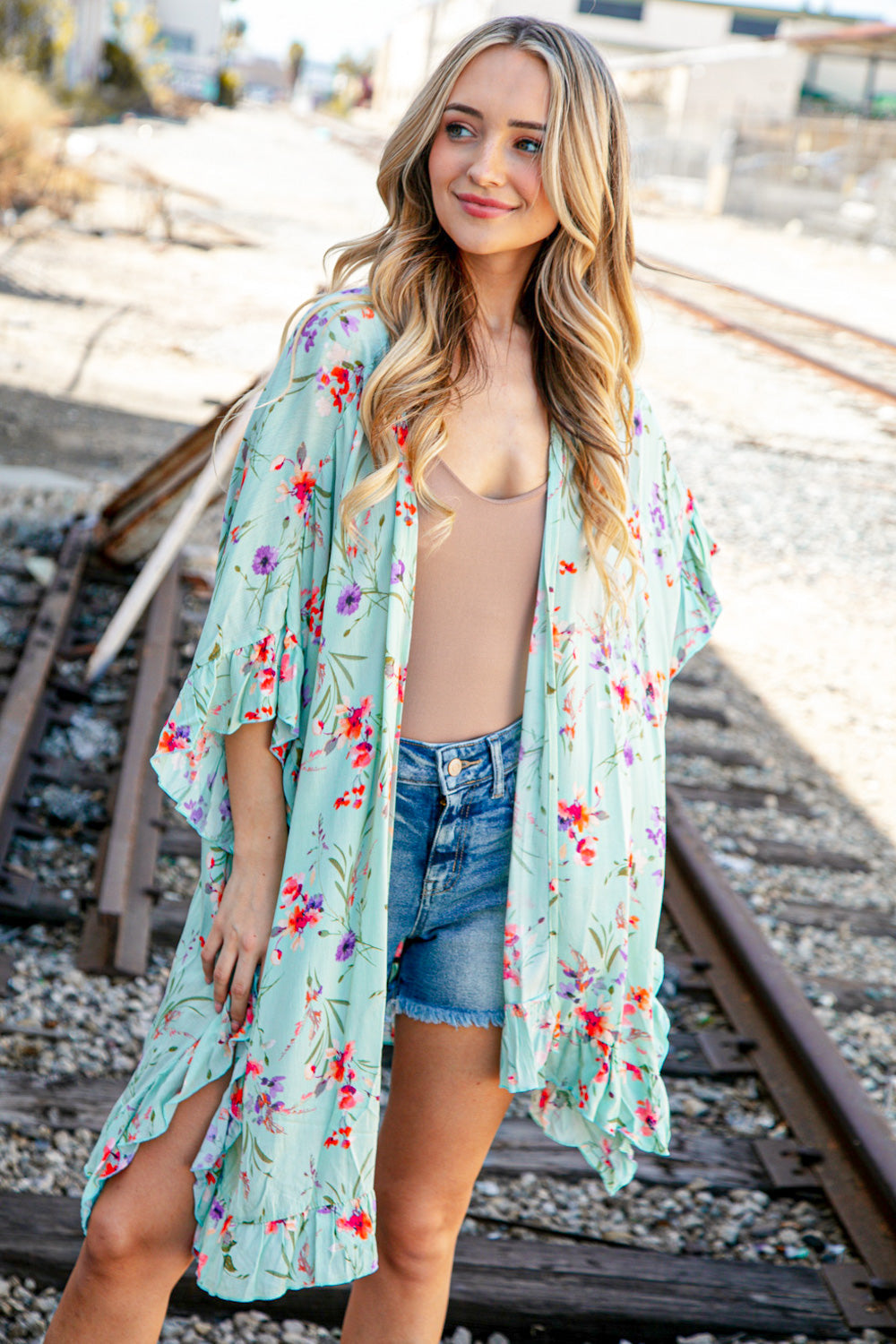 Mint Floral Rayon Crinkle Woven Cover Up Kimono