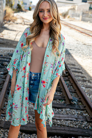 Mint Floral Rayon Crinkle Woven Cover Up Kimono