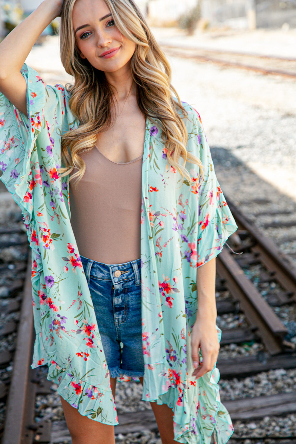 Mint Floral Rayon Crinkle Woven Cover Up Kimono