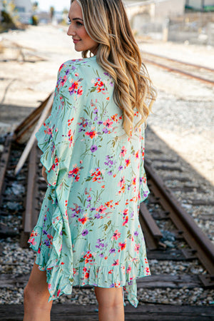 Mint Floral Rayon Crinkle Woven Cover Up Kimono