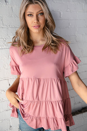 Mauve Ruffle Frill Short Sleeve Swing Knit Top