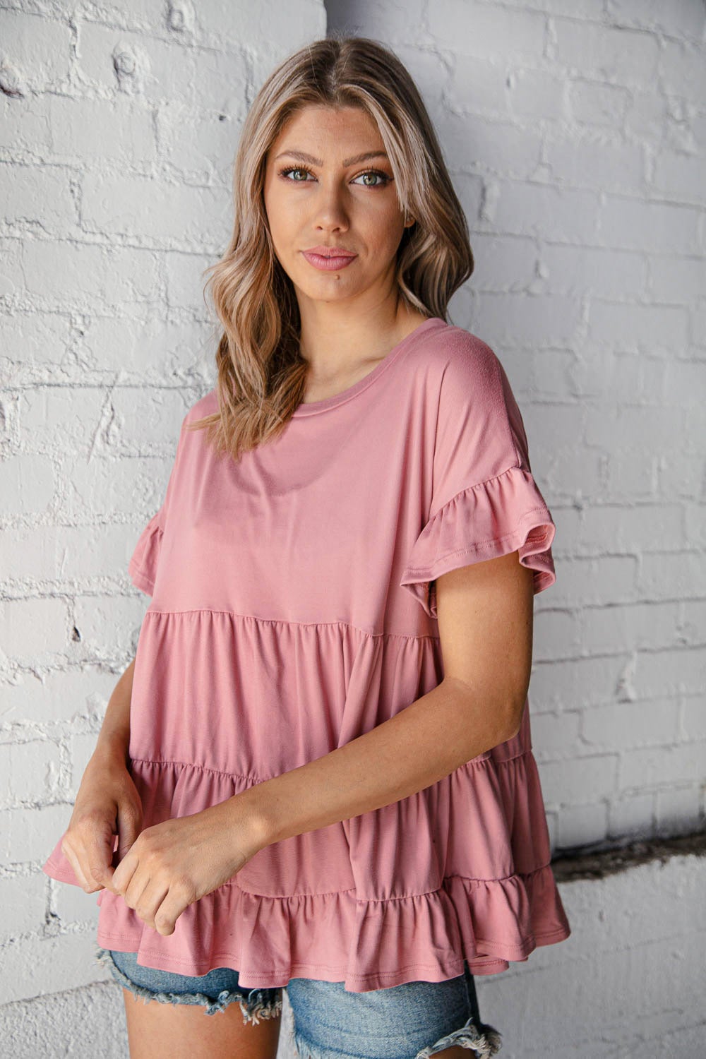 Mauve Ruffle Frill Short Sleeve Swing Knit Top