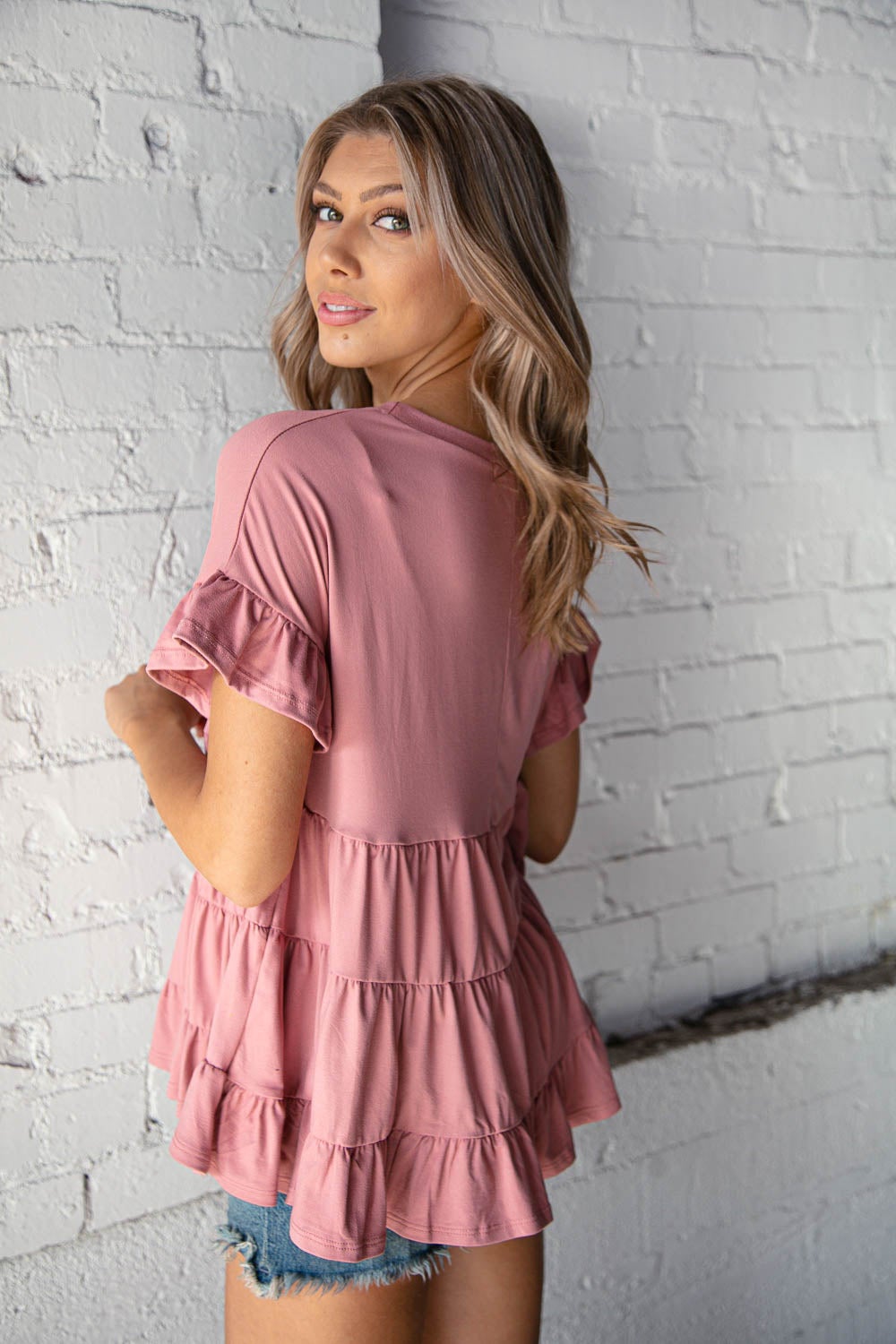 Mauve Ruffle Frill Short Sleeve Swing Knit Top