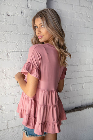 Mauve Ruffle Frill Short Sleeve Swing Knit Top