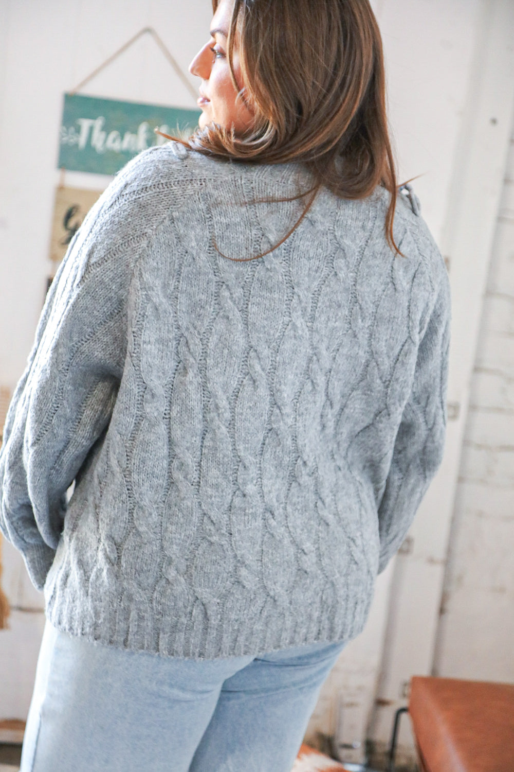 Grey Raglan Cable Knit Bubble Sleeve Sweater