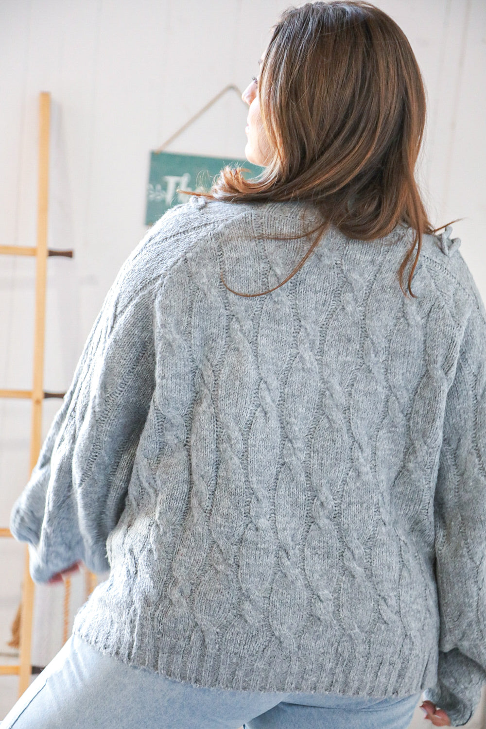 Grey Raglan Cable Knit Bubble Sleeve Sweater