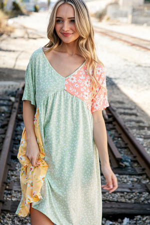 Peach Floral Color Block V Neck Dolman Pocketed Dress