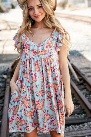 Light Blue Ruffle V Neck Flutter Sleeve Babydoll Dress