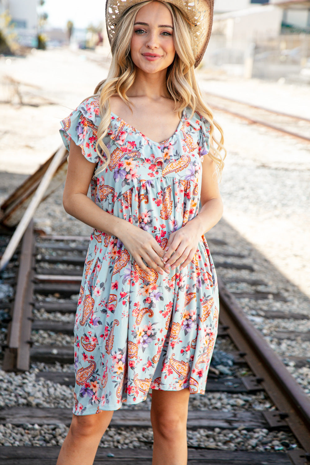 Light Blue Ruffle V Neck Flutter Sleeve Babydoll Dress