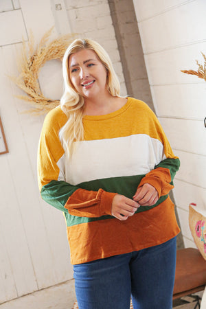 Mustard & Green Color Block Hacci Knit Top