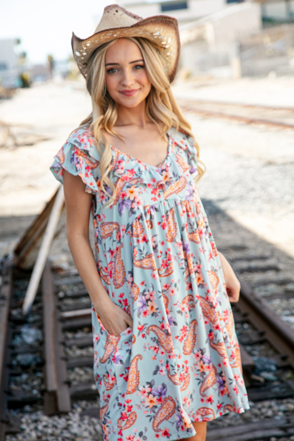 Light Blue Ruffle V Neck Flutter Sleeve Babydoll Dress