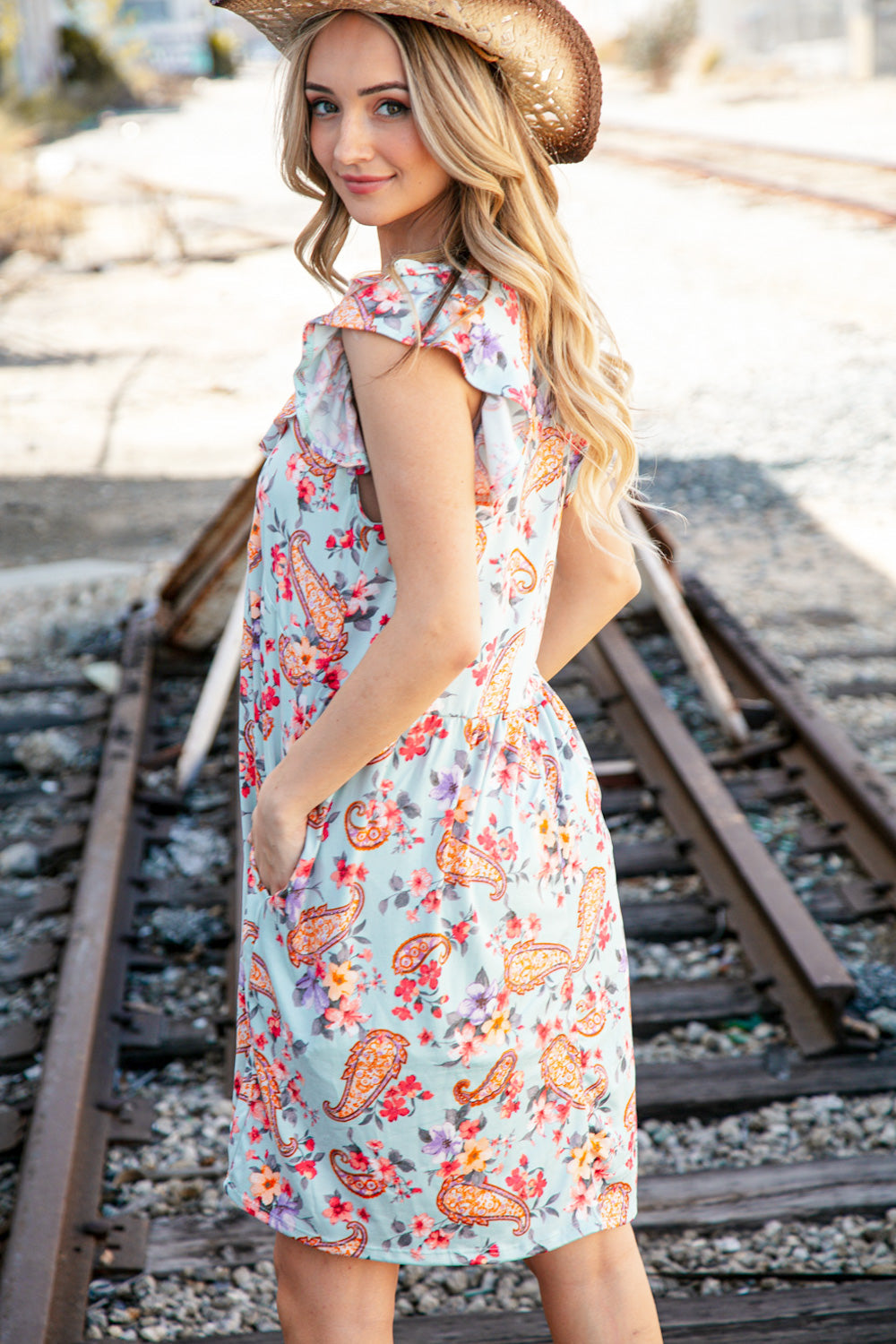 Light Blue Ruffle V Neck Flutter Sleeve Babydoll Dress