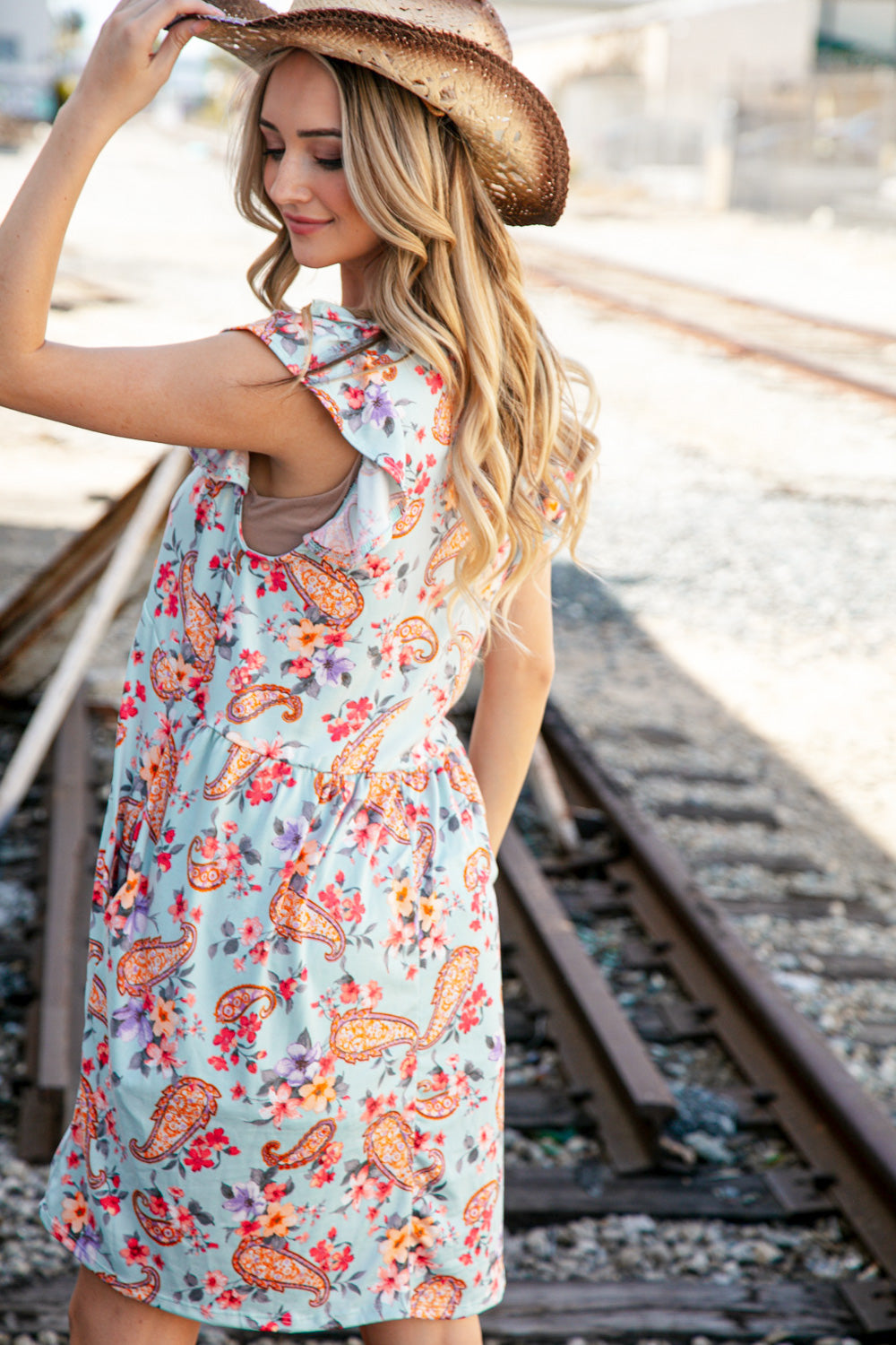 Light Blue Ruffle V Neck Flutter Sleeve Babydoll Dress