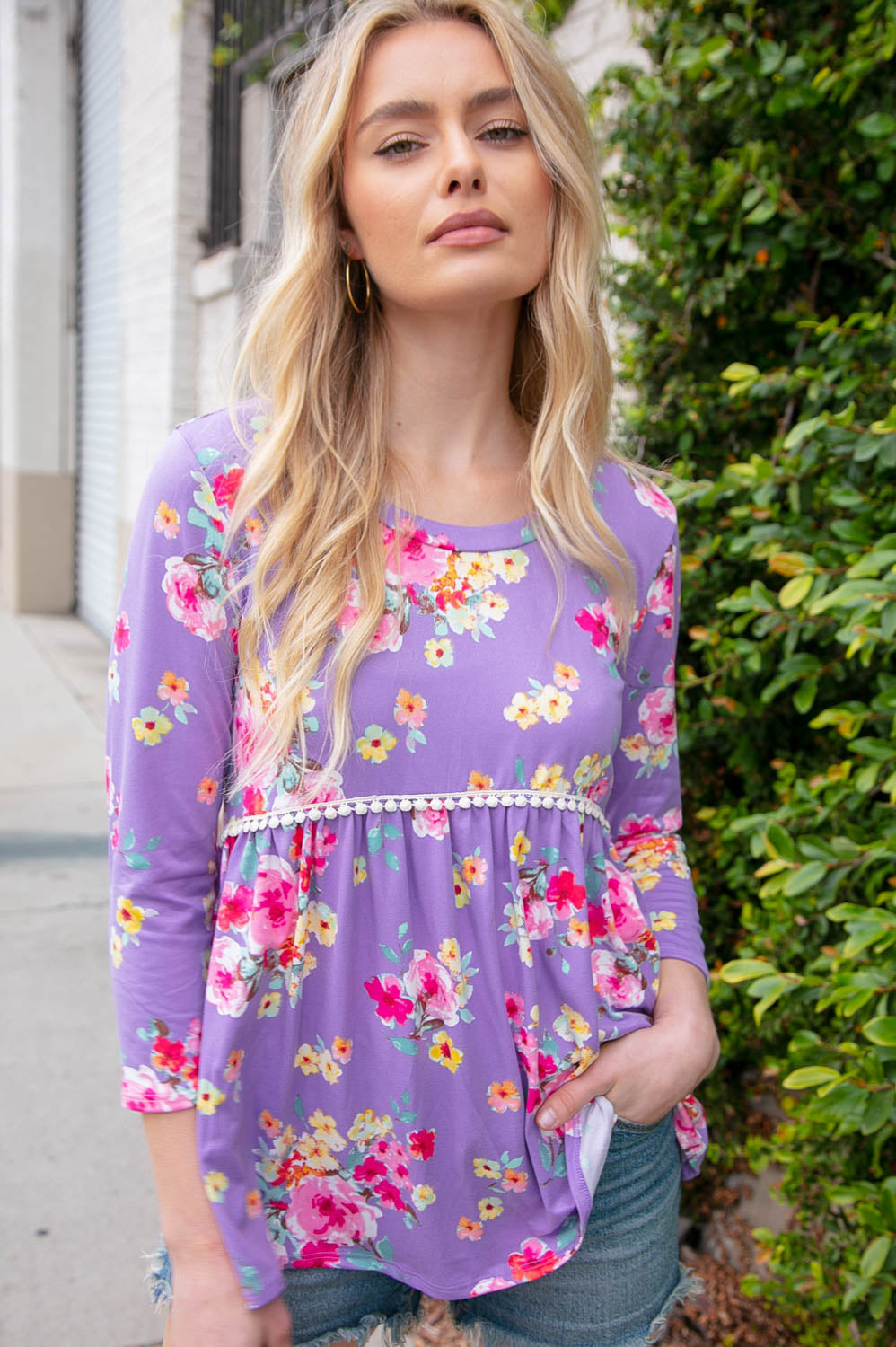 Lavender Three-Quarter Sleeve Floral Peplum Babydoll Top