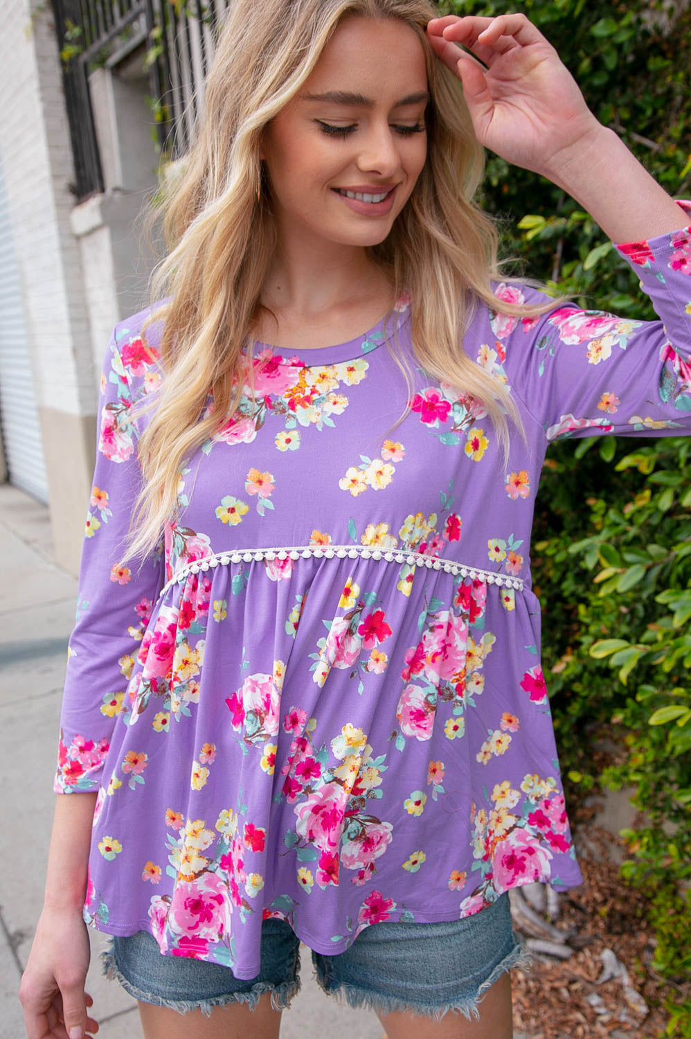 Lavender Three-Quarter Sleeve Floral Peplum Babydoll Top