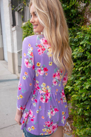 Lavender Three-Quarter Sleeve Floral Peplum Babydoll Top