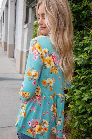 Mint Three-Quarter Sleeve Floral Peplum Babydoll Top