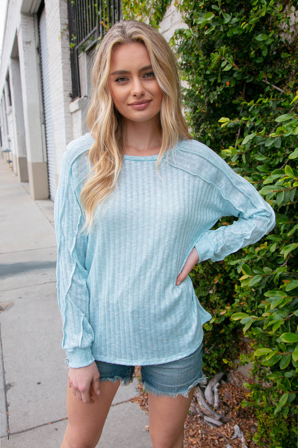 Sky Blue Rib Overlock Reverse Stitch Top