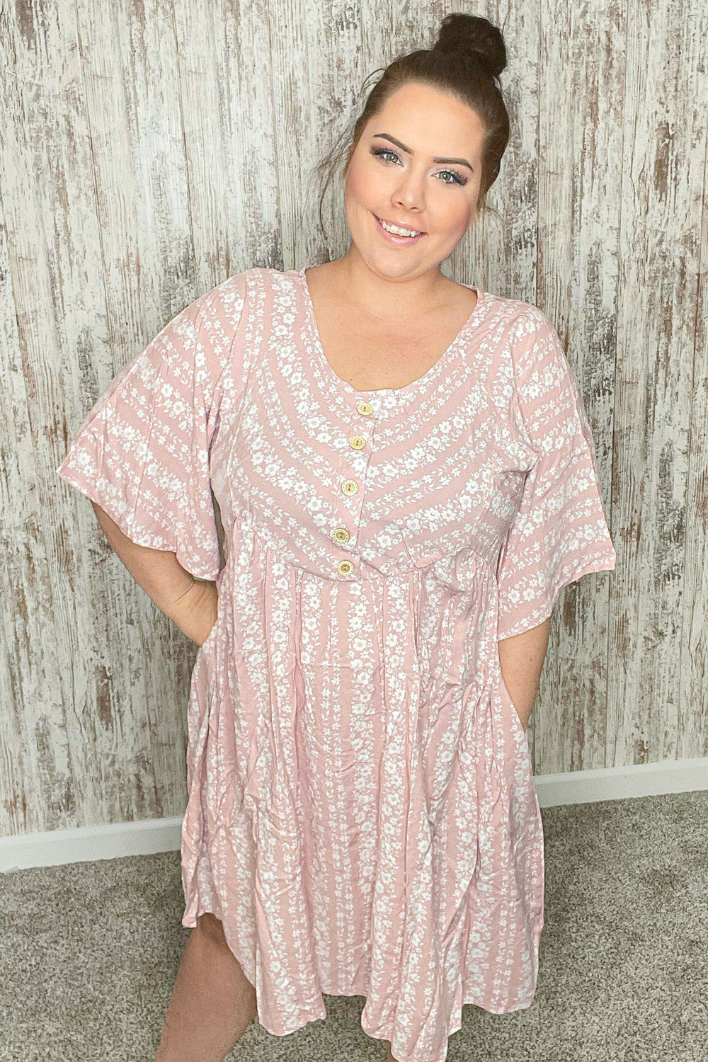 Blush Floral Stripe Yoke Woven Dress with Pockets