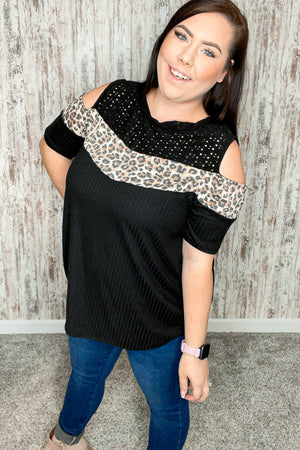 Midnight Chevron Eyelet Leopard Color Block Top