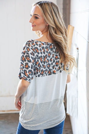 Leopard Stripe Color Block Front Knot Dolman Top