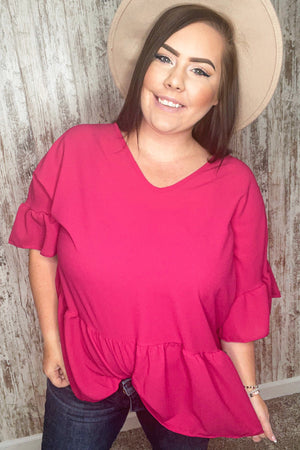 Fuchsia Crepe-Like Rayon Challis V Neck Blouse