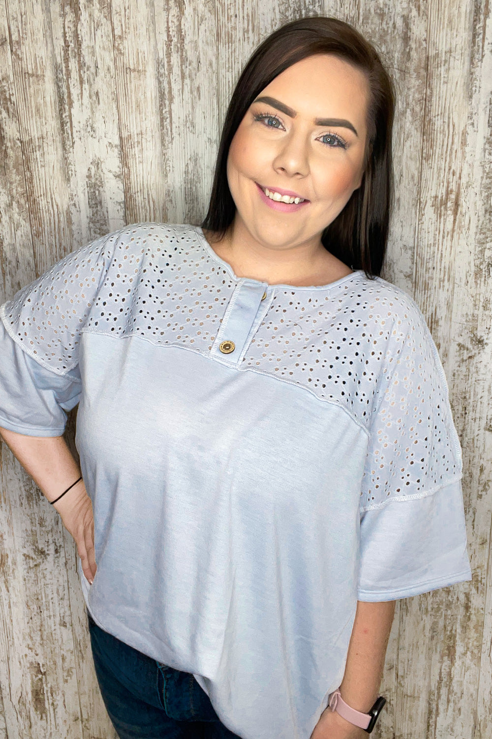 Soft Blue Eyelet Yoke Terry Knit Button Down Top