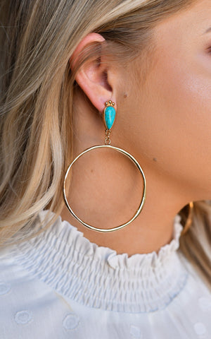 Large Turquoise Stone Hoop in Gold