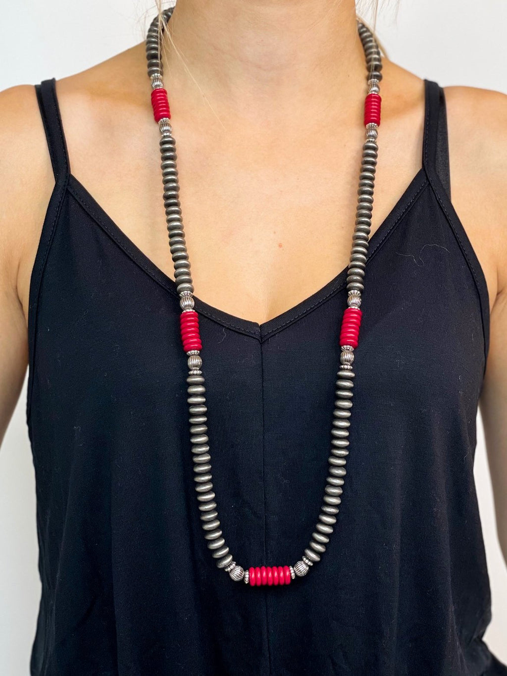 Faux Navajo Pearl Necklace with Red Accents