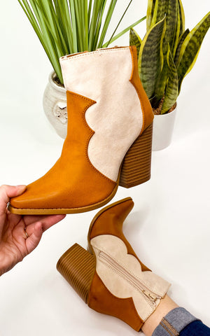 Qupid Slay Booties in Camel Overlay