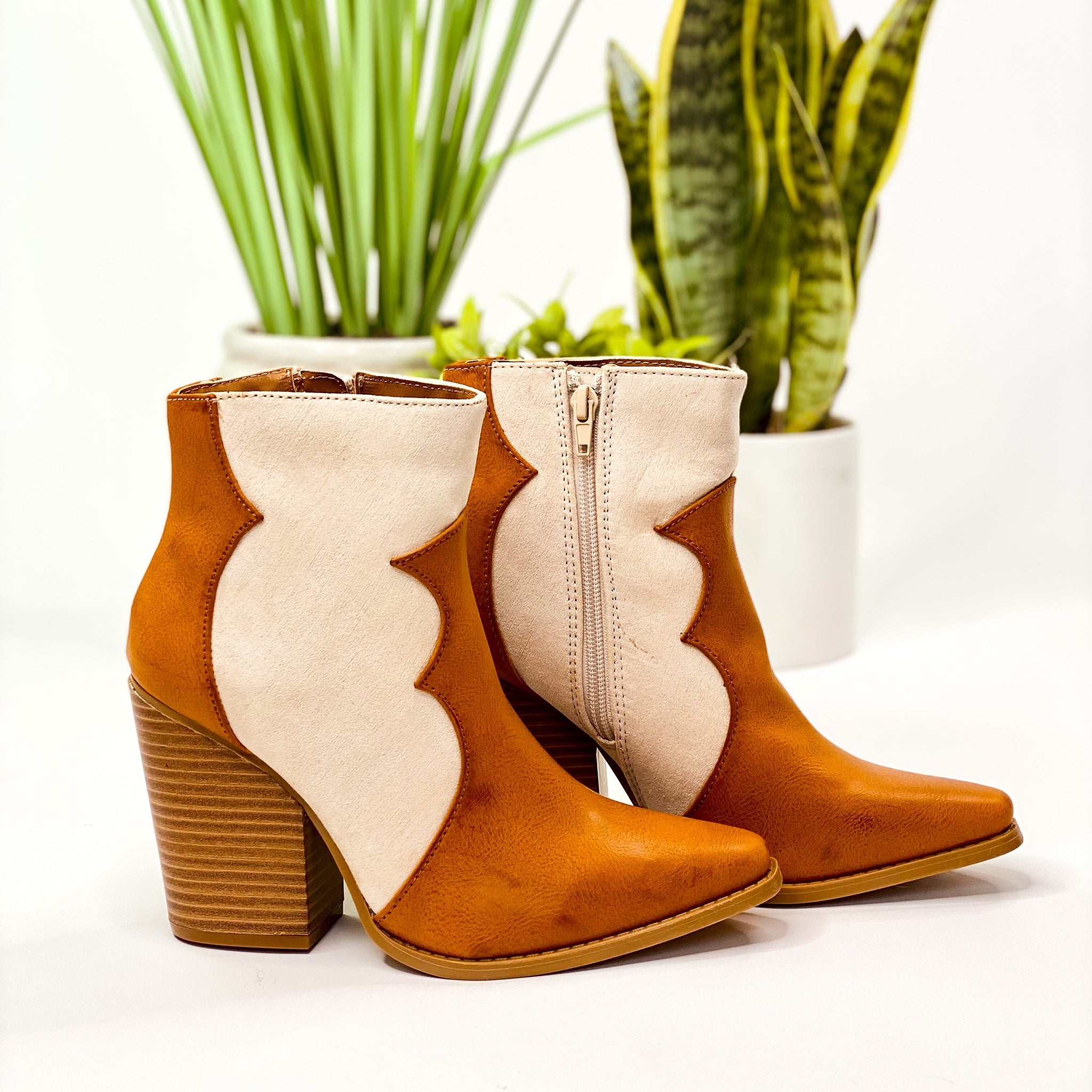 Qupid Slay Booties in Camel Overlay